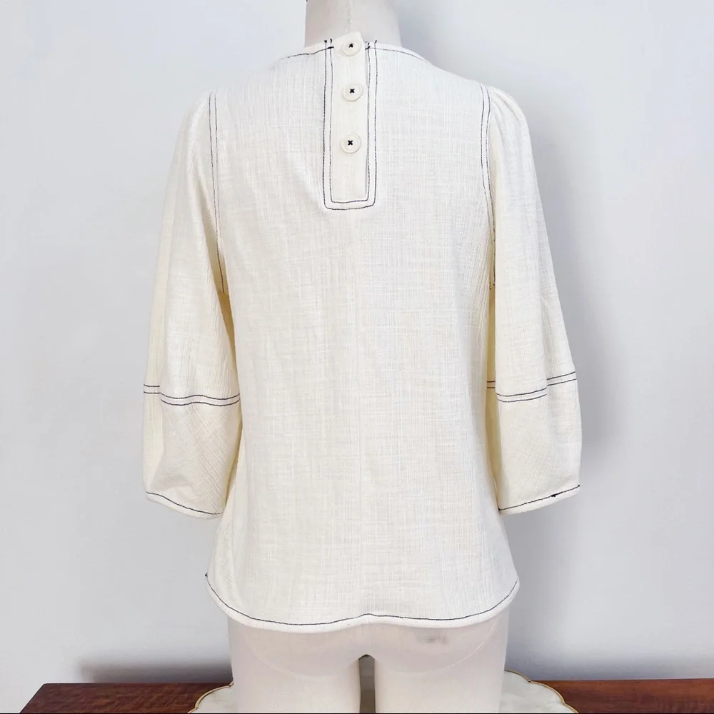 Anthropologie White 3/4 Puff Sleeve Light Cotton Blend Top Blouse Sz XS